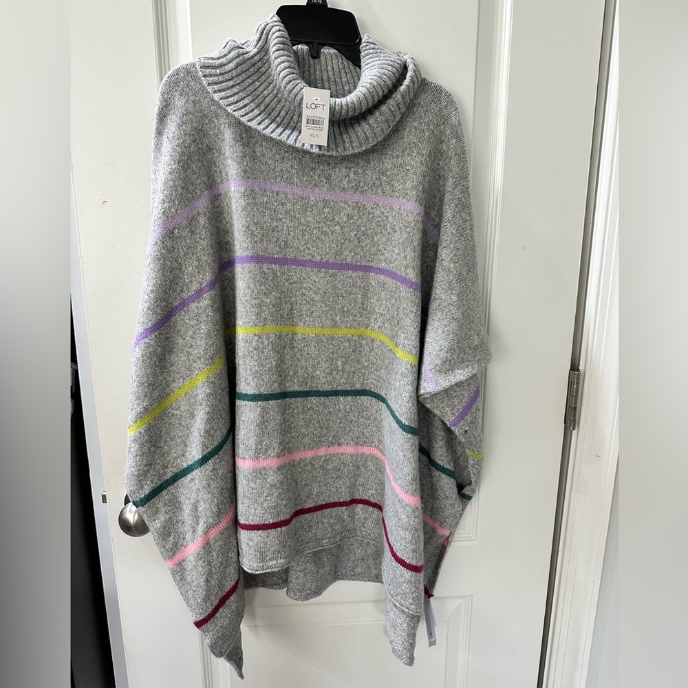 LOFT Gray and Purple Cowl Neck Poncho Sweater with Stripes - Oversized